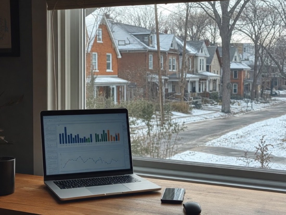 Bar charts from an ad campaign open on a laptop, older brick homes and a snowy road beyond the window