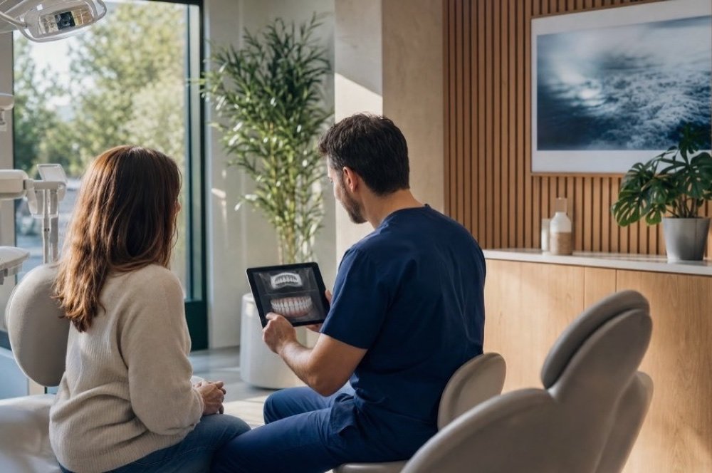 A dentist in navy scrubs showing a patient a dental scan on a tablet in a bright treatment room with wood panelling and plants