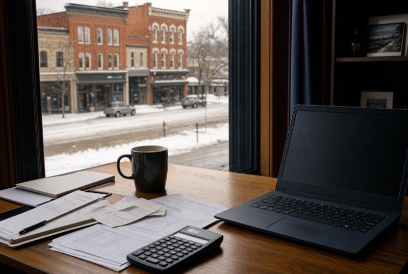 An office desk set with a calculator, laptop, coffee and paperwork, snow-covered brick storefronts visible through the glass