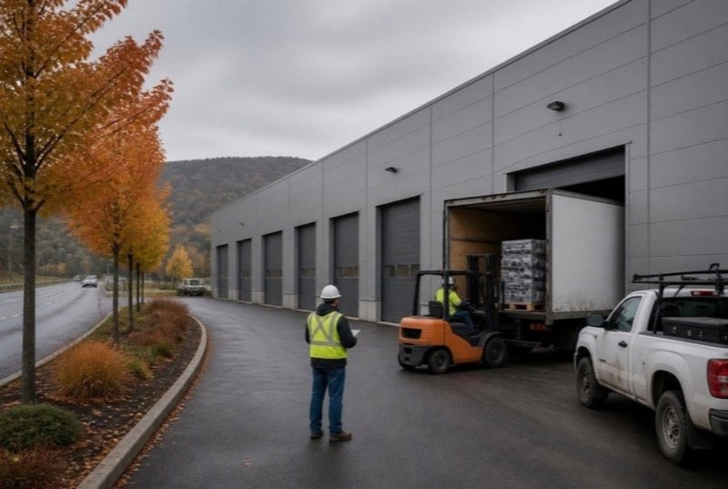 A forklift carrying shrink-wrapped pallets into a box truck at a loading door of a business-park building, a worker with a clipboard nearby