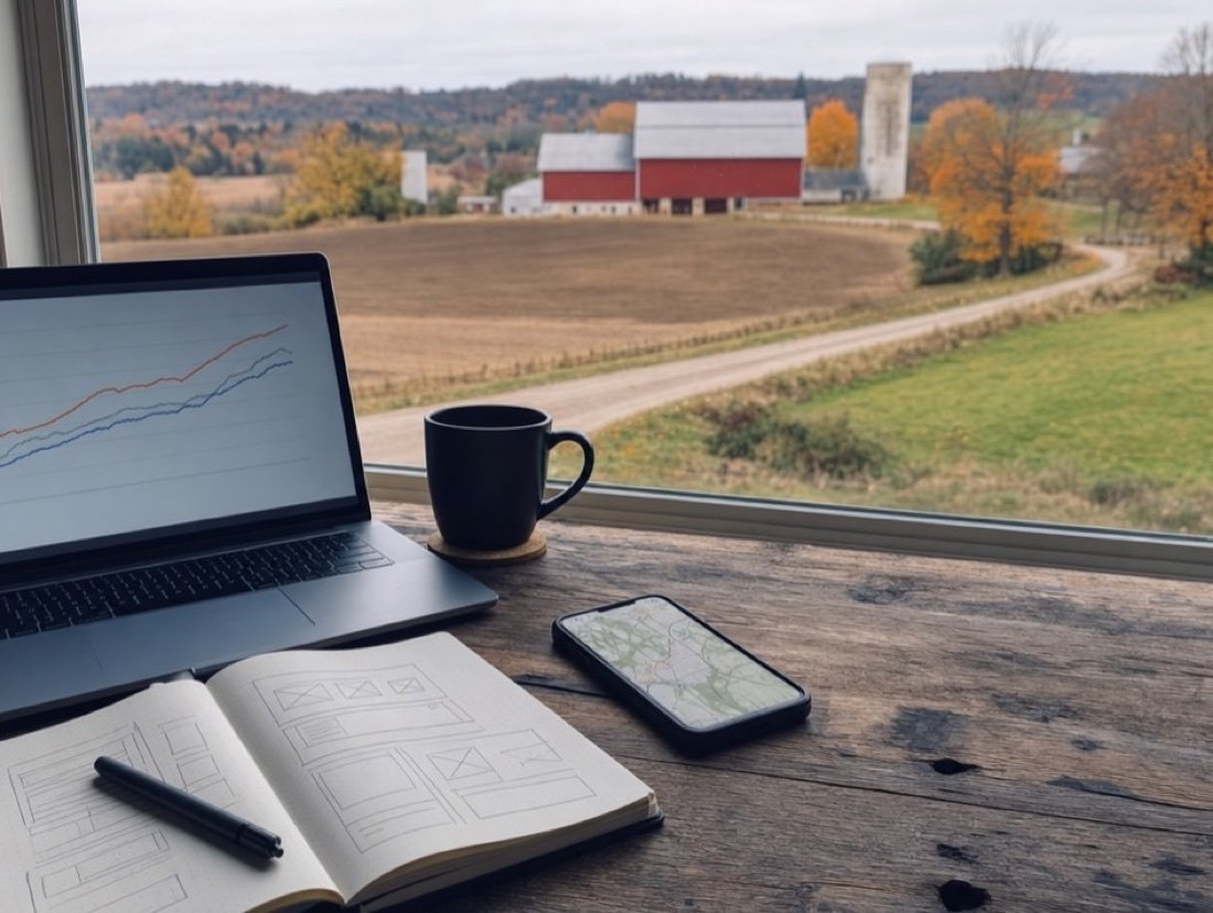 A laptop with a rising line chart, an open notebook and a phone map on a rustic desk by a window over autumn fields and a red barn