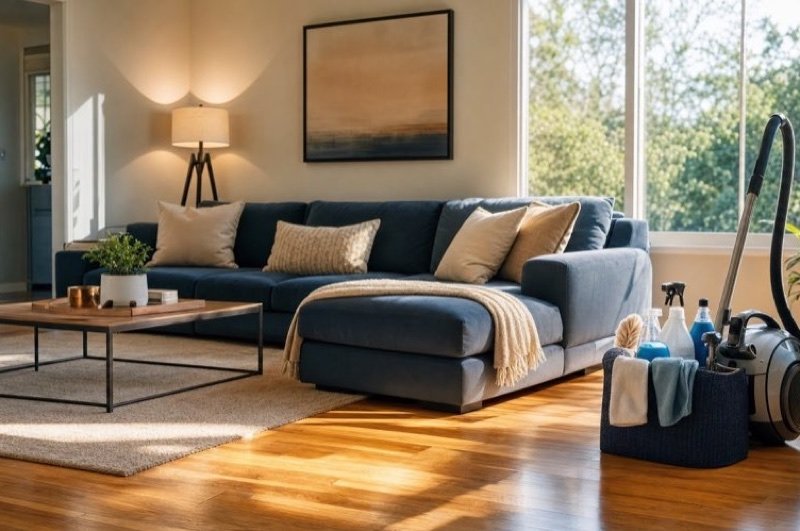 A spotless living room with a sofa, rug and wood floor in morning sun, a vacuum and a caddy of cleaning supplies by the window