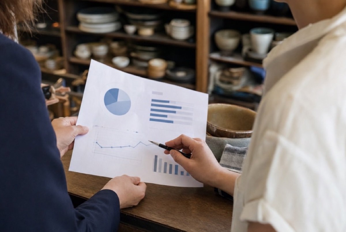 Printed results spread across a shop counter while an owner and an adviser discuss them
