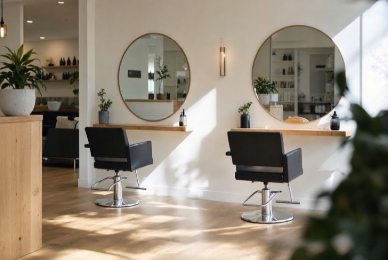 Round mirrors above light wooden styling stations in an airy, uncluttered salon