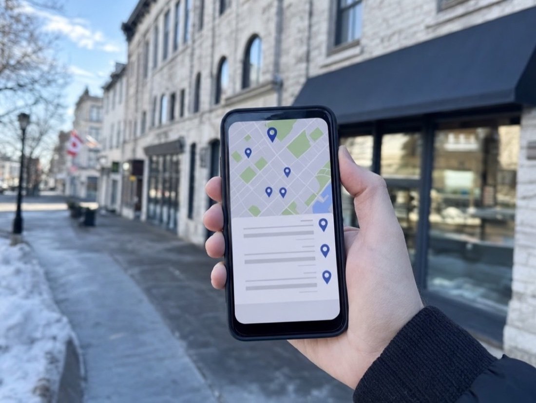 A hand holding a phone with a map and pinned results in front of a row of stone storefronts, snow along the curb