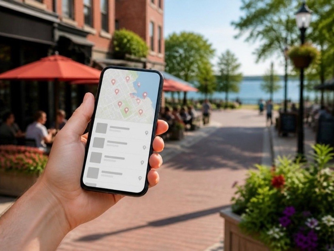 A hand holding a phone with a map of pinned results, a blurred brick street of patio umbrellas and a strip of blue lake behind