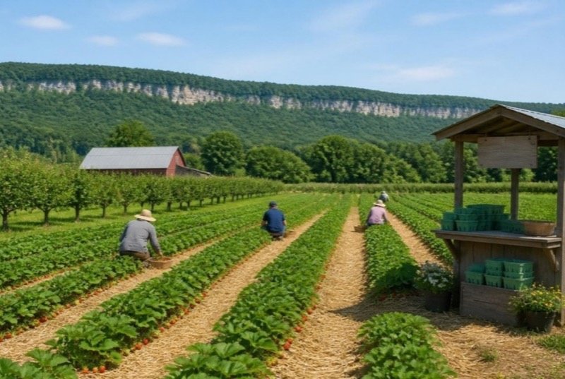 Straw-mulched rows of strawberry plants in a pick-your-own field, a wooden farm stand, an orchard and barn, and a forested ridge on the horizon
