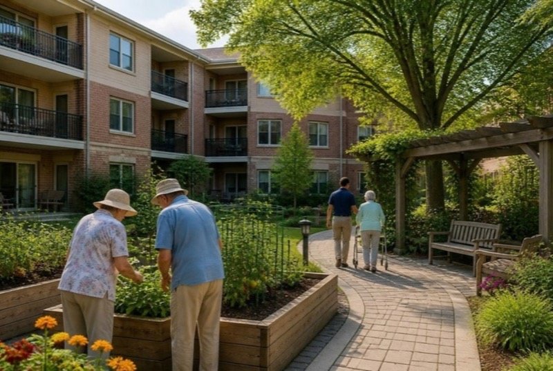 Two older residents in sun hats tending a raised garden bed in the courtyard of a brick retirement residence with balconies