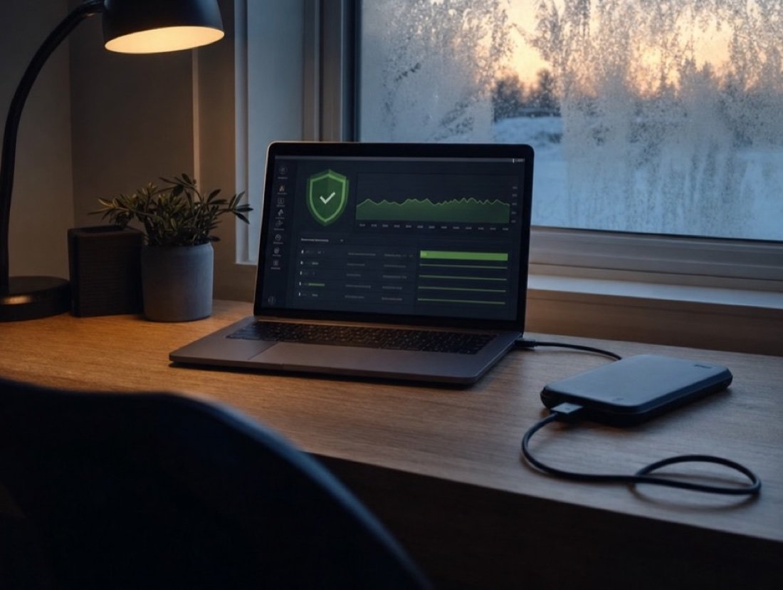 Security and uptime screens on a laptop beside an external backup drive, frost on the window in early light