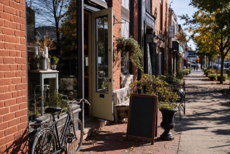 An independent shop in a red-brick building with its glass door propped open, potted plants and a bicycle on the brick sidewalk