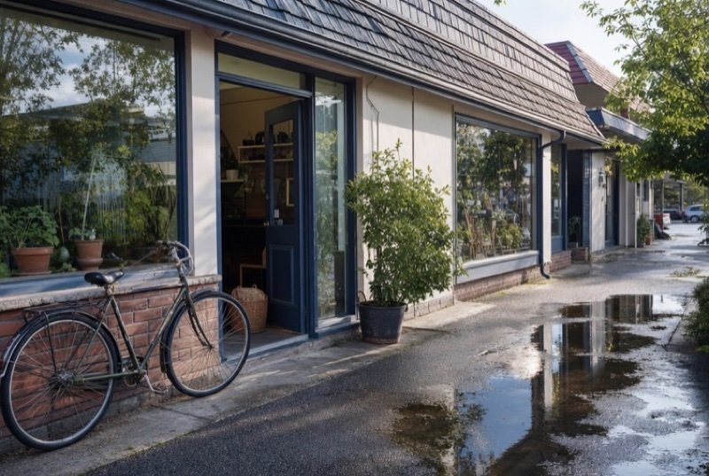 A small independent shop with big plant-filled windows in a low plaza after rain, a bicycle leaning by the door