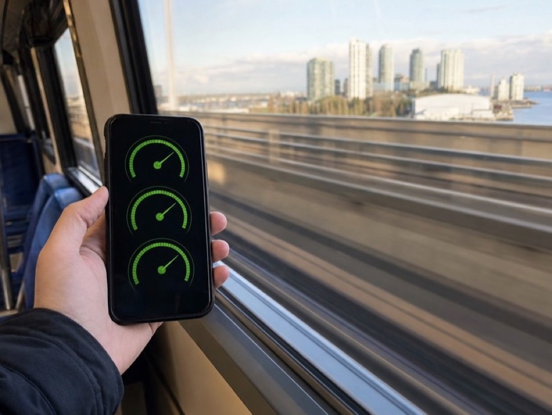 A hand holding a phone with three green speed gauges aboard a moving commuter train, the shoreline blurred past the window