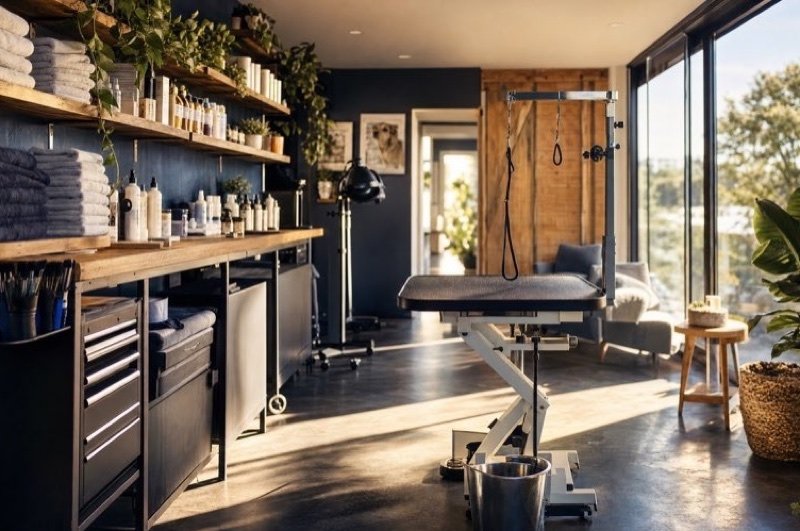 A grooming table waiting in a sunny studio, stacked towels and bottles on the shelves and leafy trees outside