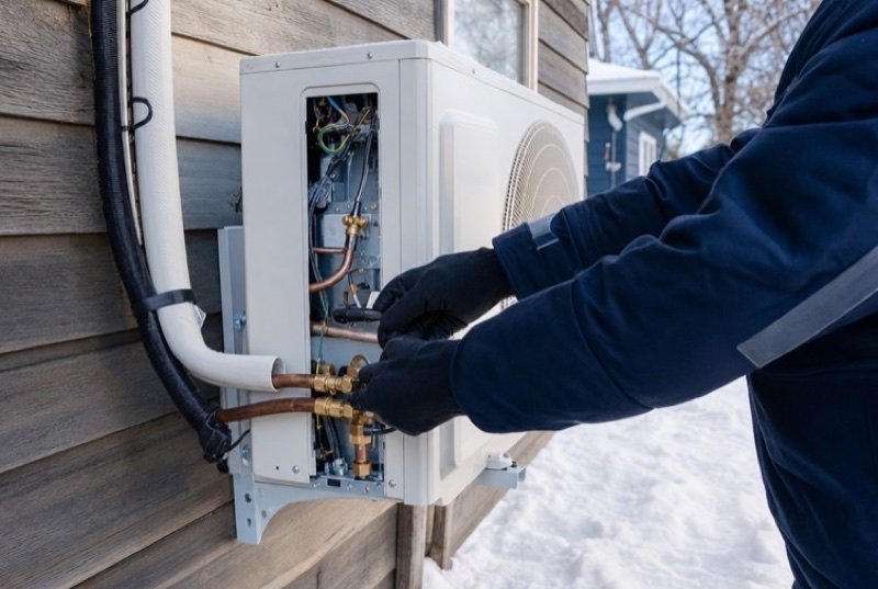 Gloved hands working on a heat pump mounted outside a sided house, with new snow underfoot
