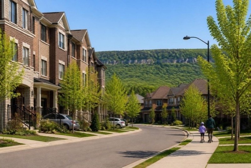 A curving street of three-storey brick-and-stone townhouses with small front gardens and young trees, a wooded ridge beyond the rooftops