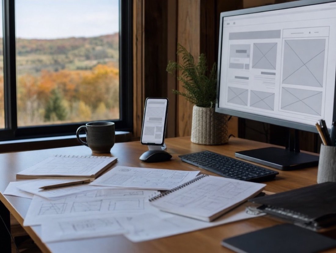 A website wireframe on a monitor beside a phone and printed page sketches, wooded hills in autumn colour through the window