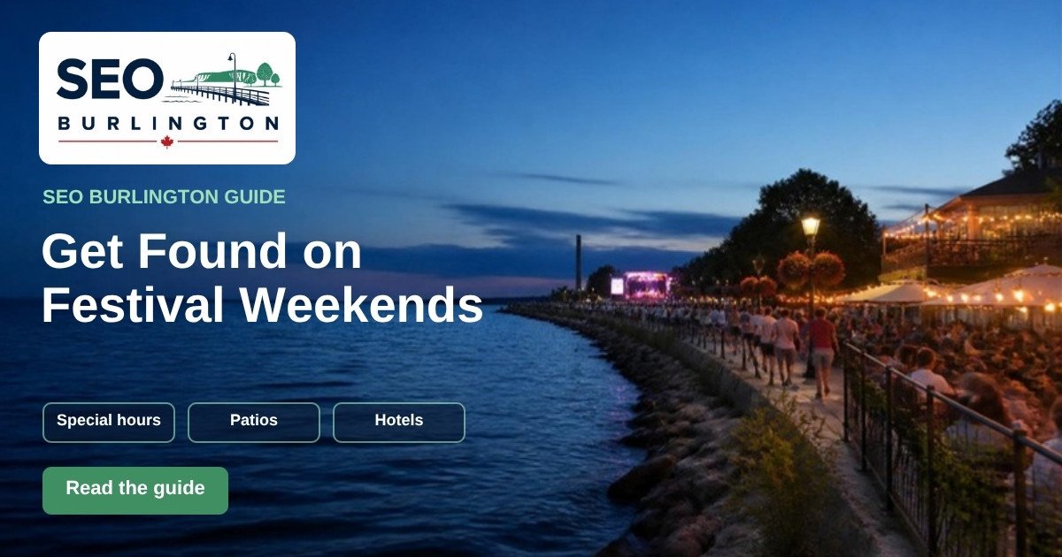 Graphic: “Get Found on Festival Weekends”, with busy lakeside patios and a festival stage at dusk