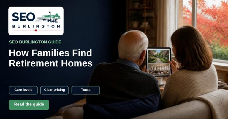 Graphic: “How Families Find Retirement Homes”, with a daughter and her father looking at a residence website on a tablet