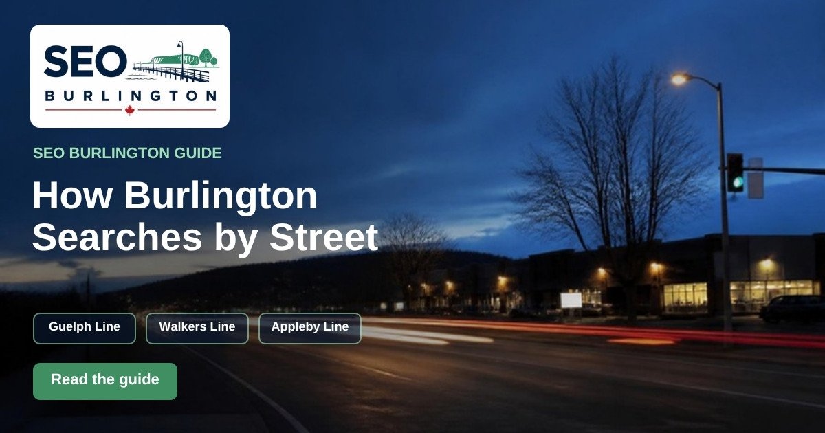 Graphic: “How Burlington Searches by Street”, with a lit strip plaza beside a busy arterial road at dusk